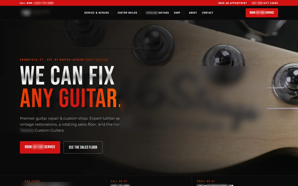 Homepage of the guitar shop and repair website we built in Fairfield County
