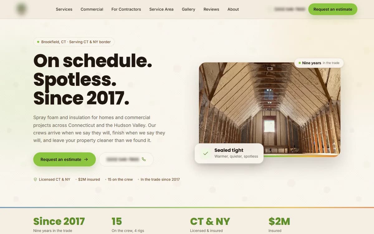 Homepage of the insulation contractor website we built in Fairfield County