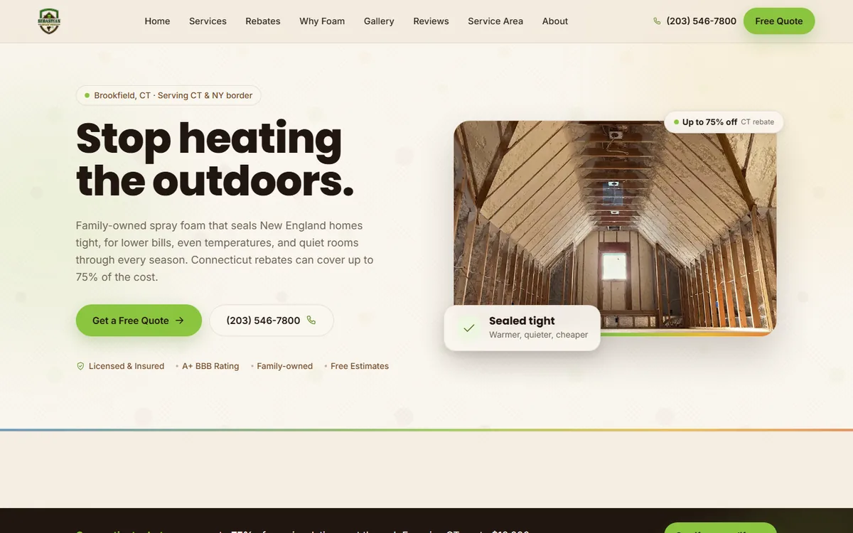 Homepage of the insulation contractor website we built in Brookfield